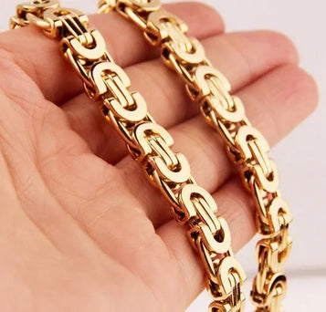 High Qulaity Gold Tone Stainless Steel Fashion Flat Byzantine Chain Necklace 8Mm 24'' Women Men'S Gift Jewelry for Father