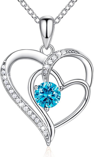 Birthstone Necklace for Women Mom 925 Sterling Silver Heart Necklace Mother Daughter Necklace for Women Mom Birthday Gifts Jewelry for Grandma Women with 5A Cubic Zirconia