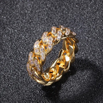 Hip Hop Shining Band Rings 18K Real Gold Plated Cubic Zircon Cuba Chain Finger Ring Jewelry