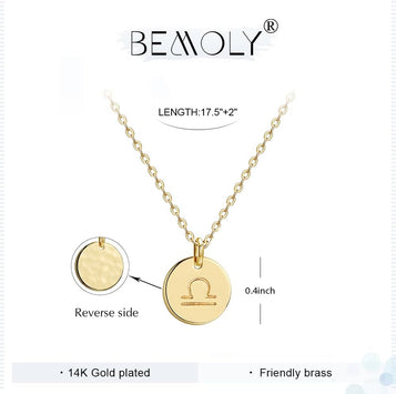 Constellation Necklace Pendant 14K Gold-Plated Hammered round Disc Engraved Zodiac Sign Pendant 17.5’’ Adjustable Dainty Necklace