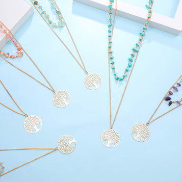 Layered Necklaces for Women,Double Layer Necklace with Creative Life Tree Pendant Dainty Chain Natural Stone Necklace(Pink Crystal)
