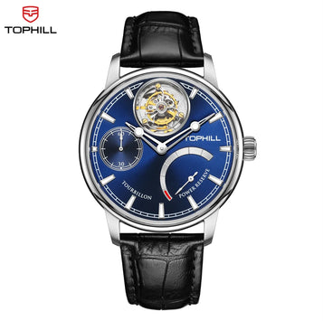 Tourbillon Watch for Men Mechanical Watch Luxury Skeleton Dial Power Reserve Leather Strap Reloj