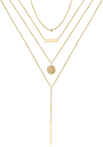 Dainty Layered Choker Necklace, Handmade 14K Gold Plated Y Pendant Necklace Multilayer Bar Disc Necklace Adjustable Layering Choker Necklaces for Women