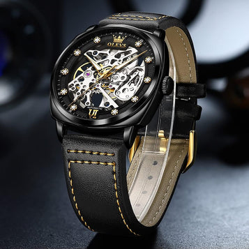 Automatic Skeleton Watches for Men Mechanics Self Winding Luxury Stylish Leather Strap Steampunk Style Luminous Waterproof Men Wrist Watches