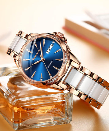 Blue Dial Watches for Women Automatic Wrist Watch Self Winding Day Date Ceramic Stainless Steel Diamond Dial Rose Gold Women'S Watches Mechanical Water Resistant Dress Elegant for Ladies Watch Gifts