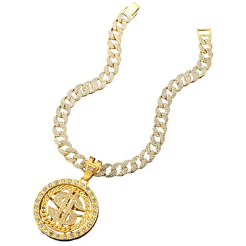 Dollar Sign Rotatable Pendant for Men Iced Out Dollar Money Cuban Necklace, Hip Hop Dollar Medal Cuban Chain Necklace Gold CZ Dollar Money Cuban Necklace Men’S Rapper Dollar Symbol Jewelry