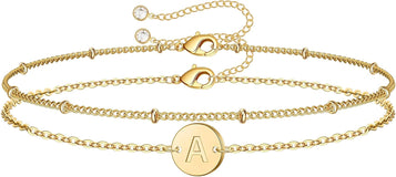 Gold Initial Bracelets for Women - Dainty 14K Gold Plated Layered Beaded Letter Initial Bracelet Personalized 26 Alphabet Disc Monogram Charm Bracelet Jewelry Gifts for Women