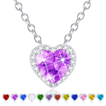 18K White Gold Plated Love Heart Necklaces for Women CZ S925 Sterling Silver February Birthstone Necklace with Purple Amethyst Wedding Birthday Jewelry Gifts Ideas Teen Preteen Mom Age
