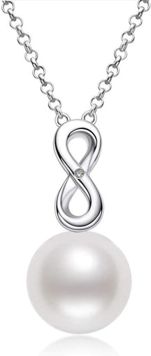 Pearl Necklace,Freshwater Cultured White Pearl Infinity Pendant Sterling Silver Necklace for Women Jewelry Gift for Mom Mama Mother Day(Size:9-10Mm)