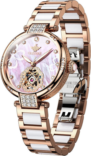 Watches for Women Mechanical Self Winding Dress Luxury Diamond Dial Pink Face Rose Gold Ceramic Waterproof Luminous Ladies Wrist Watch Gift Set