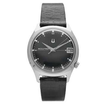 Vintage  Accutron Date Stainless Steel Black Dial Tuning Fork Men'S Watch