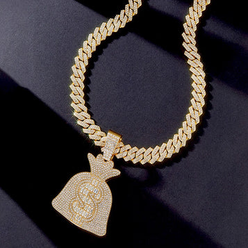 Dollar Money Bag Pendant for Men Iced Out Dollar Sign Cuban Necklace, Hip Hop Dollar Bag Cuban Chain Necklace Gold CZ Money Bag Cuban Necklace Men’S Rapper Dollar Money Bag Jewelry