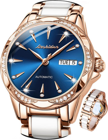 Blue Dial Watches for Women Automatic Wrist Watch Self Winding Day Date Ceramic Stainless Steel Diamond Dial Rose Gold Women'S Watches Mechanical Water Resistant Dress Elegant for Ladies Watch Gifts