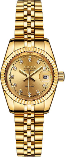 Women Automatic Diamond Watch 14K Gold Tone Stainless Steel Ladies Watches Small Face Sapphire Glass Luminous Date Magnifed Waterproof Easy Read Watches Self Winding Watches for Wife Mother Female
