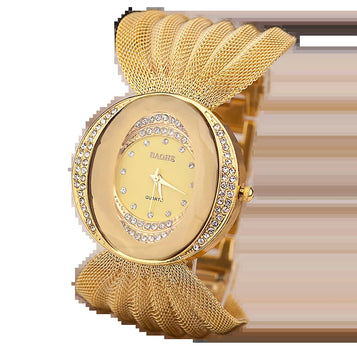 Mesh Band Women Watch Fashion Oval Gold Bracelet Alloy Quartz Watch Dress Rhinestone Women'S Wristwatches Ladies Bracelet Clock