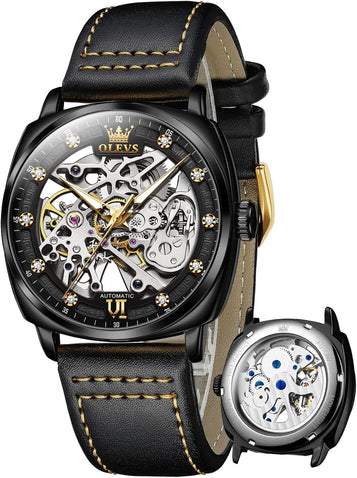 Automatic Skeleton Watches for Men Mechanics Self Winding Luxury Stylish Leather Strap Steampunk Style Luminous Waterproof Men Wrist Watches