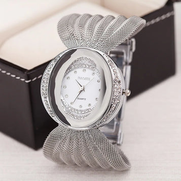 Mesh Band Women Watch Fashion Oval Gold Bracelet Alloy Quartz Watch Dress Rhinestone Women'S Wristwatches Ladies Bracelet Clock