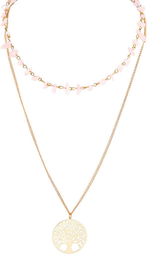 Layered Necklaces for Women,Double Layer Necklace with Creative Life Tree Pendant Dainty Chain Natural Stone Necklace(Pink Crystal)