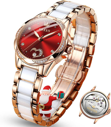 Watch Women,Automatic Watches for Women with Two Tone Stainless Steel Bracelet, Elegent Rose Gold Women'S Watches,Diamond Dress Watches for Women,Blue/Red/White Dial Reloj Para Muje