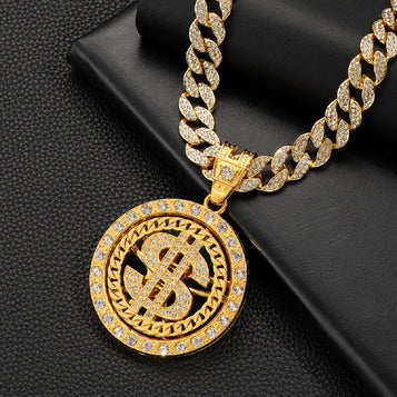 Dollar Sign Rotatable Pendant for Men Iced Out Dollar Money Cuban Necklace, Hip Hop Dollar Medal Cuban Chain Necklace Gold CZ Dollar Money Cuban Necklace Men’S Rapper Dollar Symbol Jewelry