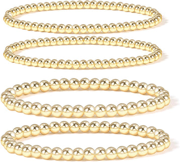 14K Gold Plated Bead Ball Bracelet Stretchable Elastic Gold Beaded Bracelets for Women