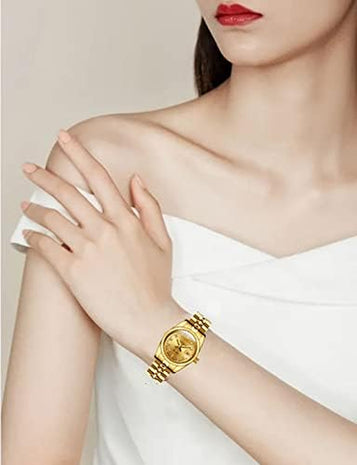 Women Automatic Diamond Watch 14K Gold Tone Stainless Steel Ladies Watches Small Face Sapphire Glass Luminous Date Magnifed Waterproof Easy Read Watches Self Winding Watches for Wife Mother Female