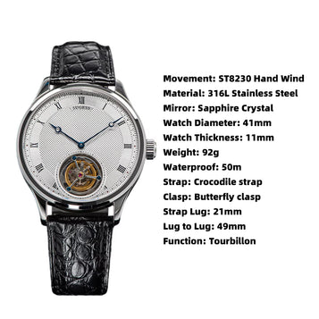 Tourbillon Men Watches ST8230 Genuine Tianjin Movement Mechanical Vintage Skeleton Wristwatch Elegant Crocodile Leather