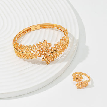 2Cpsvintage Wheat Ear Leaf Gold Bracelet with an Open Ring, Worn by Women in Dubai, Africa for Daily Festivals, Wedding Accessories