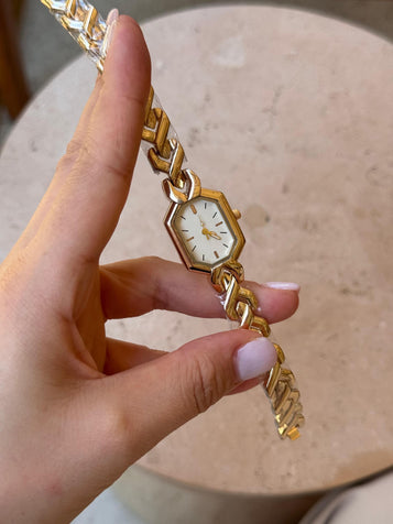 Vintage Style Gold Link Bracelet Watch: Elegant Octagon Face Wristwatch